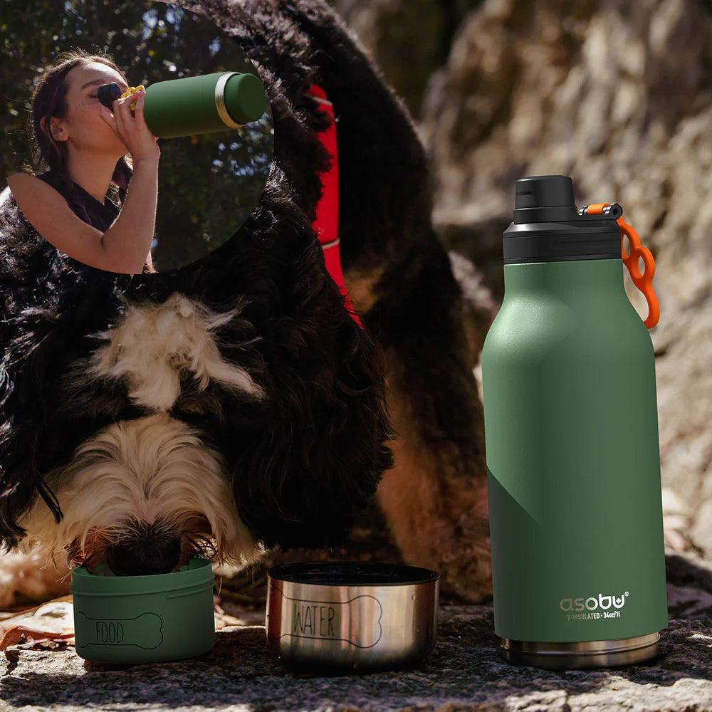 Drinkfles met eetbakje voor je beste vriend - Buddy Green/Orange