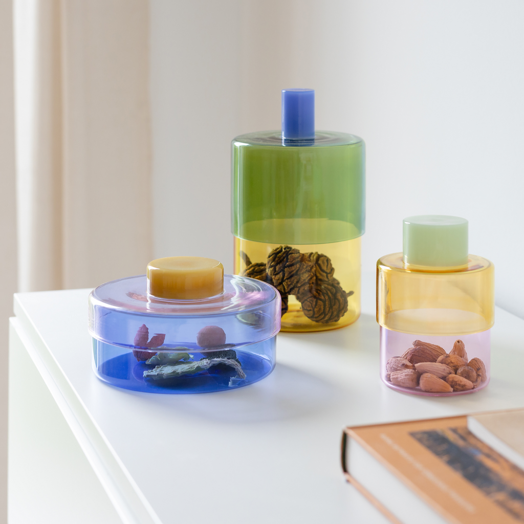 Glazen pot Milou roze-blauwe