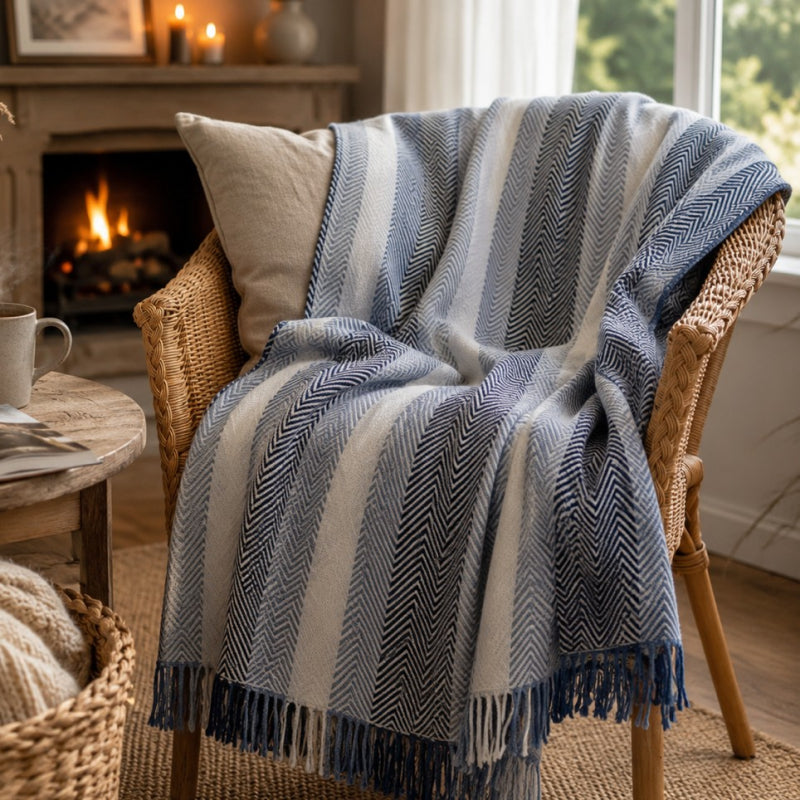 Plaid, wol, visgraatmotief, blauw